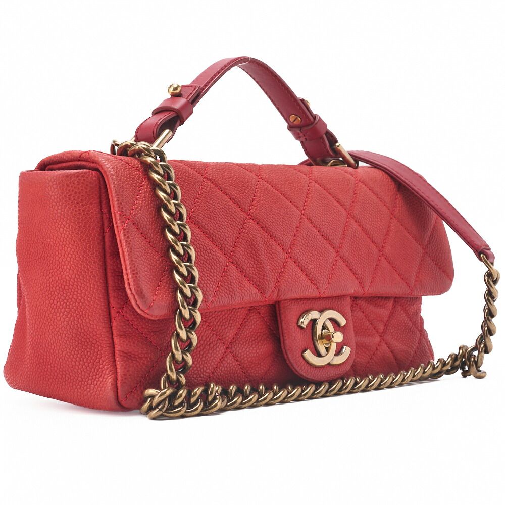 Chanel Chain Shoulder Bag Matelasse Turnlock 2way Caviar Skin Red Gold Hardware