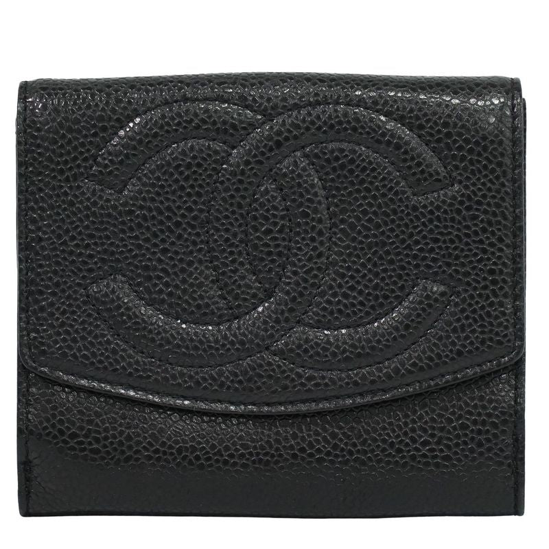 Authentic Chanel Coco Mark Fold Wallet Compact Wallet Caviar Skin Leather Black