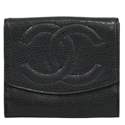Authentic Chanel Coco Mark Fold Wallet Compact Wallet Caviar Skin Leather Black