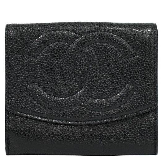 Authentic Chanel Coco Mark Fold Wallet Compact Wallet Caviar Skin Leather Black