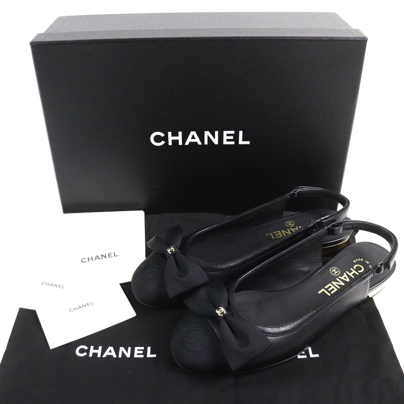 CHANEL G45689 Coco Mark Ribbon Sling Back Lamb Leather Pumps Shoes Black 35.5