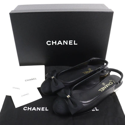 CHANEL G45689 Coco Mark Ribbon Sling Back Lamb Leather Pumps Shoes Black 35.5