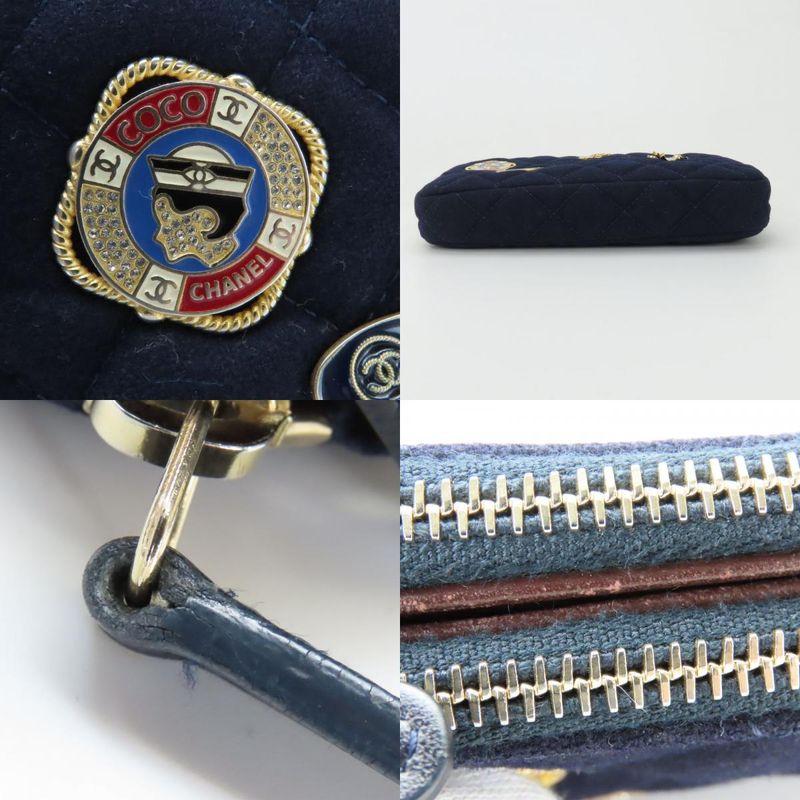 Chanel Shoulder Bag Marine Cotton Leather Navy Gold Hardware Crossbody Pochette