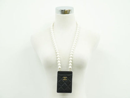 Authentic Chanel Coco Mark Matelasse Faux Pearl Chain Card Case Pass Case