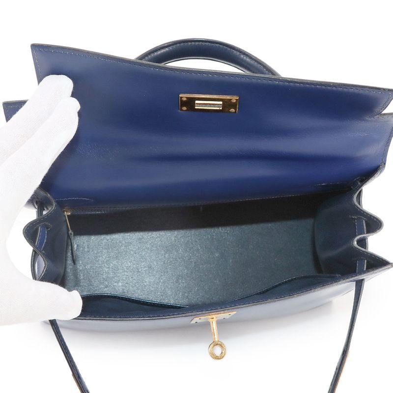 Hermes Kelly 28 Box Calf Blue 2-way Hand Shoulder Bag ?V Stamped 1992 Outer