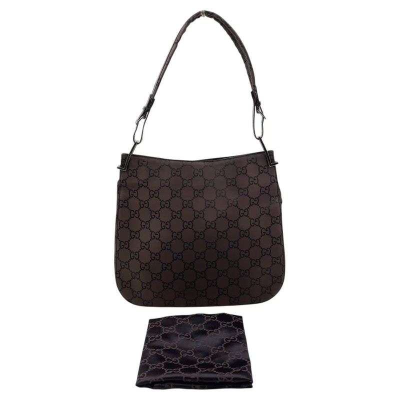 Gucci GG Canvas Leather X Canvas Gray Brown Shoulder Bag Silver 001 3166