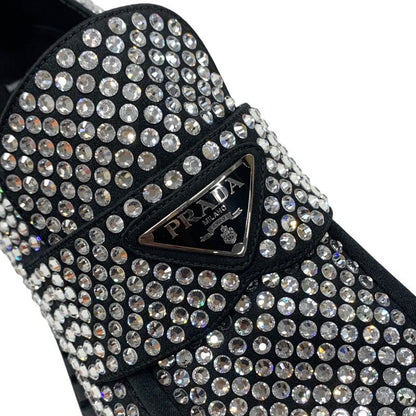 Prada Loafers Leather Shoes Satin Black Crystal Rhinestone Logo Plate Men's