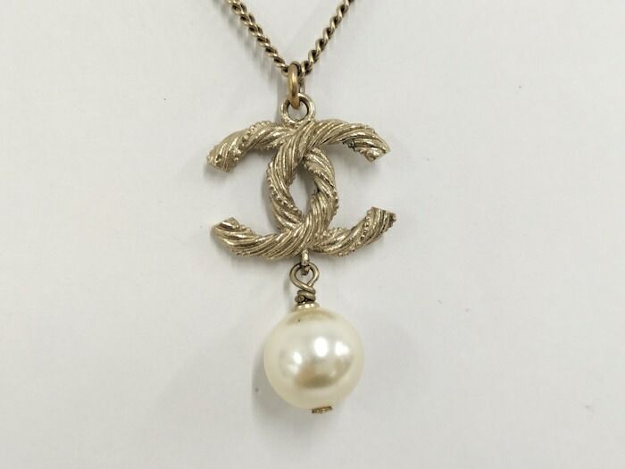 Chanel Necklace Accessories Coco Mark Faux Pearl Plated Silver B14V