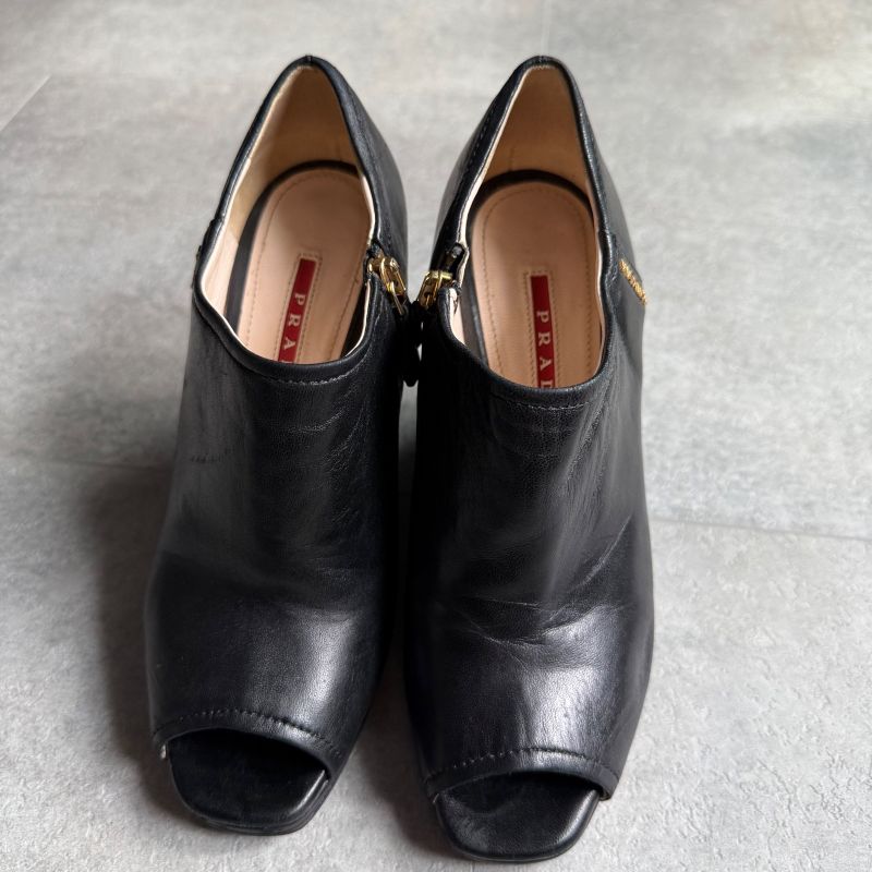 Prada Leather Wedge Sole Logo Booties 35 1 2 22.5cm (8.86in) Short Boots Black