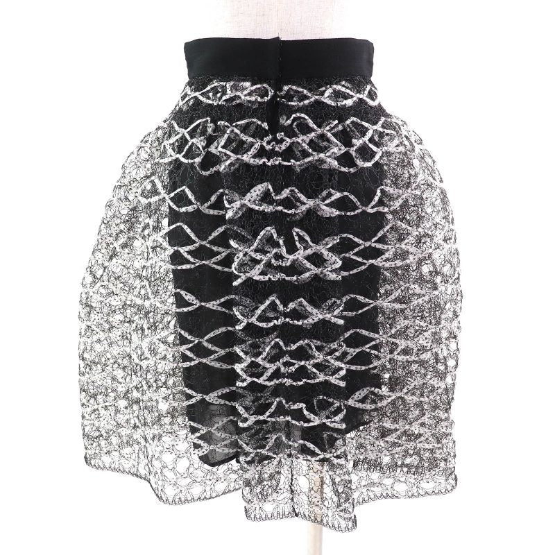 CHANEL P58857 Coco Mark Logo Ribbon Mesh Flared Skirt Black White 36 Made In