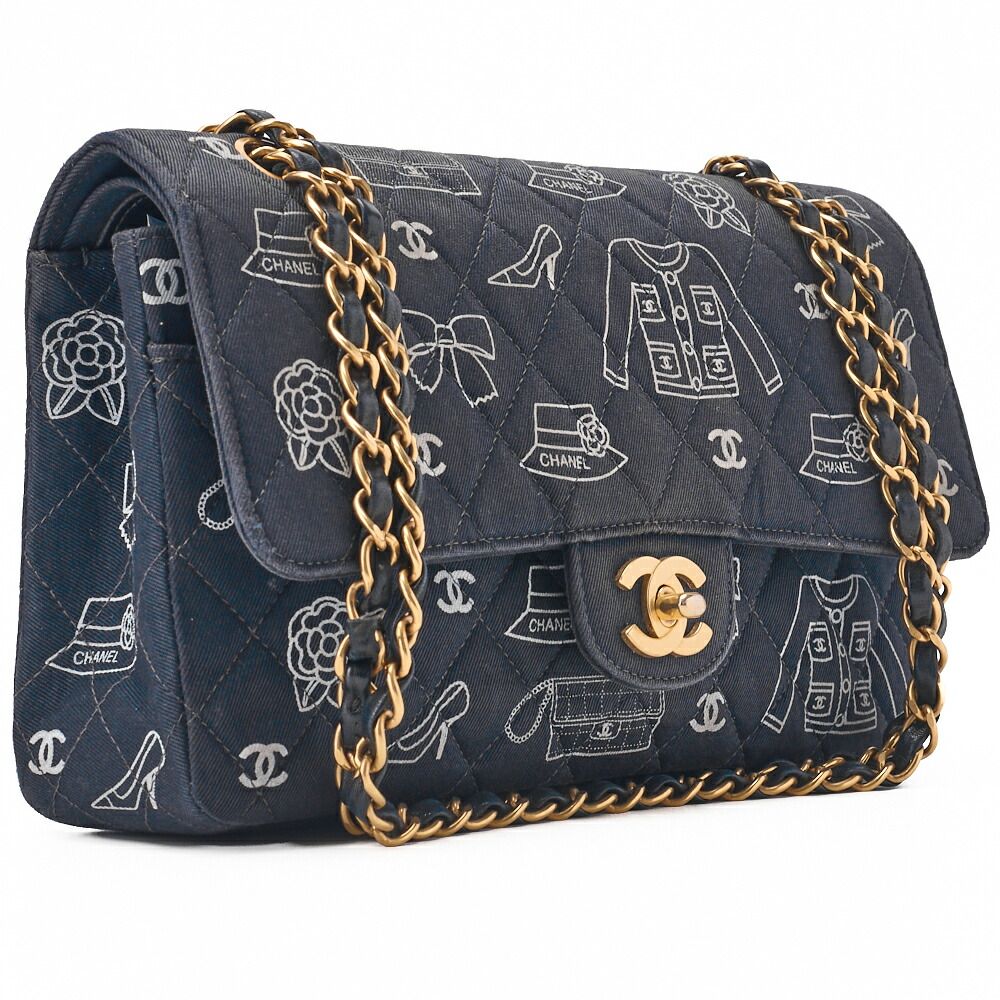 Chanel Matelasse W Flap 25 Icon Print Chain Shoulder Canvas Bicolor Black With