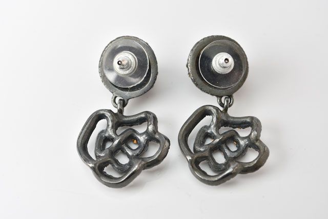 Chanel Earrings Camellia Motif With Coco Mark Rhinestones In Chrome Silver