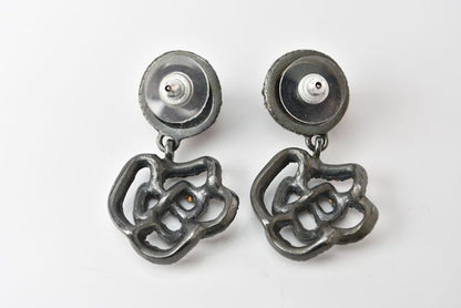 Chanel Earrings Camellia Motif With Coco Mark Rhinestones In Chrome Silver