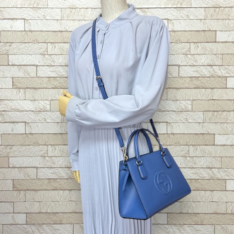 Gucci Outlet Interlocking G Soho Shoulder Bag Leather 607722 Blue Women's Gucci