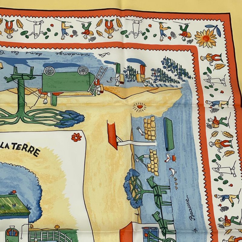 Hermes Carre 90 RE TOUR A LA Terre Back Home 100% Silk Scarf Yellow