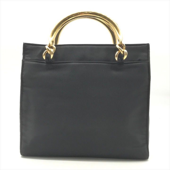 Prada Triangle Logo Nylon Tessuto Metal Handle Hand Bag Black Gold