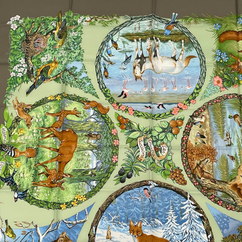 Hermes Carre 90 LES Quatre Saisons Four Seasons Brown Animal Flower Scarf Silk