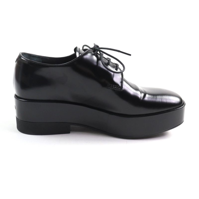 Prada Back Logo Platform Lace Up Leather Shoes Black 35.5 With Box And Storage