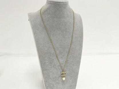 Chanel Necklace Accessories Coco Mark Faux Pearl Plated Silver B14V