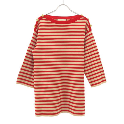 Gucci GG Metal Button Half Sleeve Striped Knit Sweater 572594 Red and Ivory M
