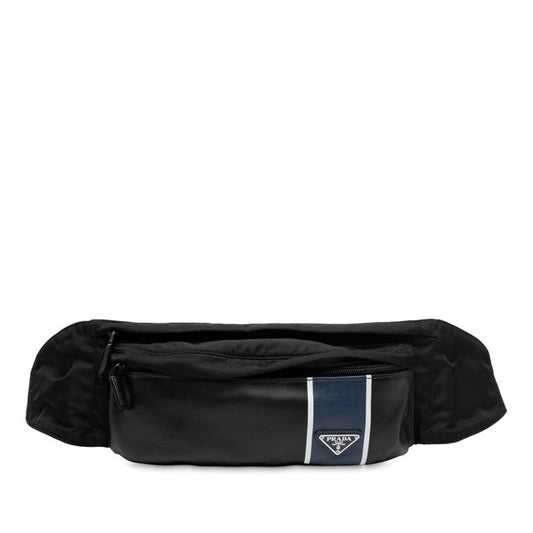 Prada Triangle Logo Plate Body Bag Waist Bag Black Navy Leather Nylon Men's