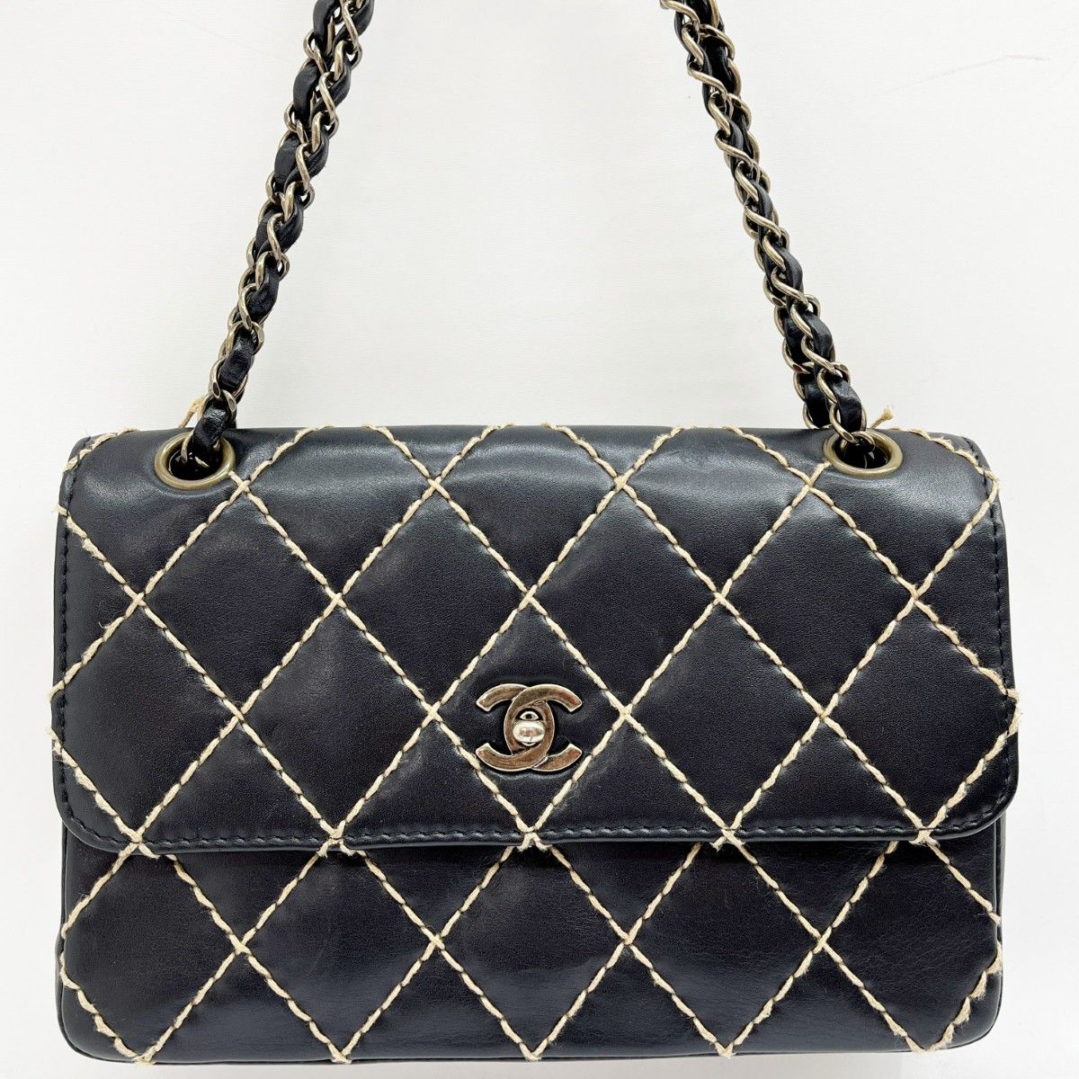 Chanel Matelasse Wild Stitch Shoulder Bag W Chain Black X Ivory