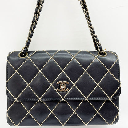 Chanel Matelasse Wild Stitch Shoulder Bag W Chain Black X Ivory
