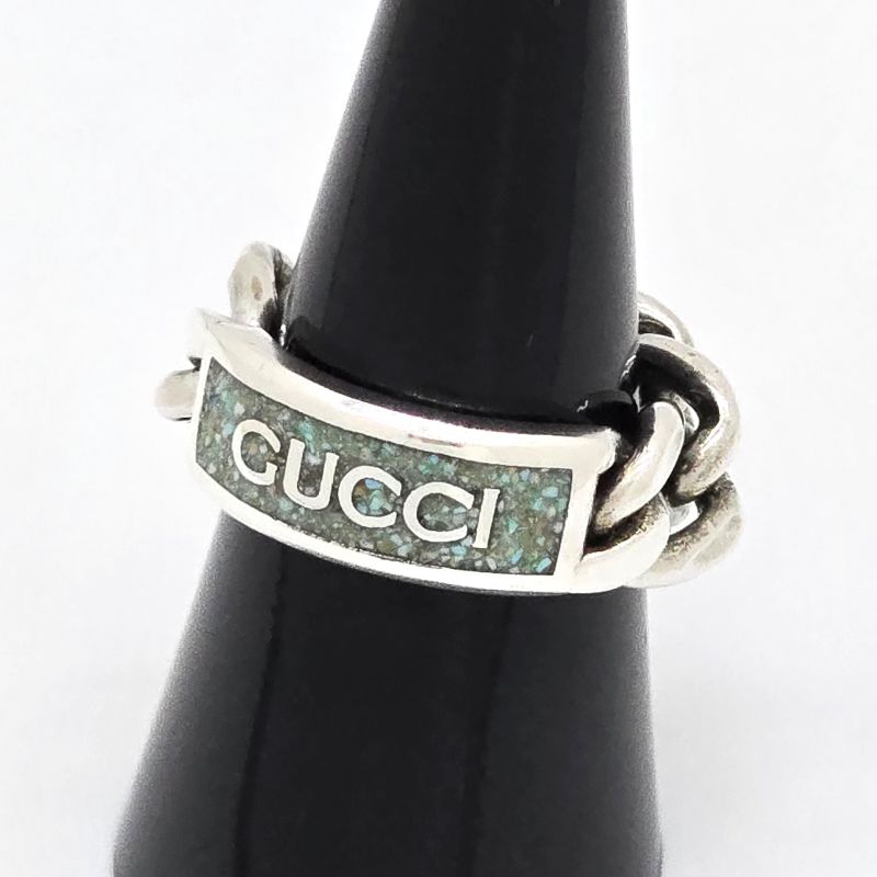 Gucci 678711 Logo Plate Golmet Chain Ring 10 Approx 10 Enamel Greenish Color