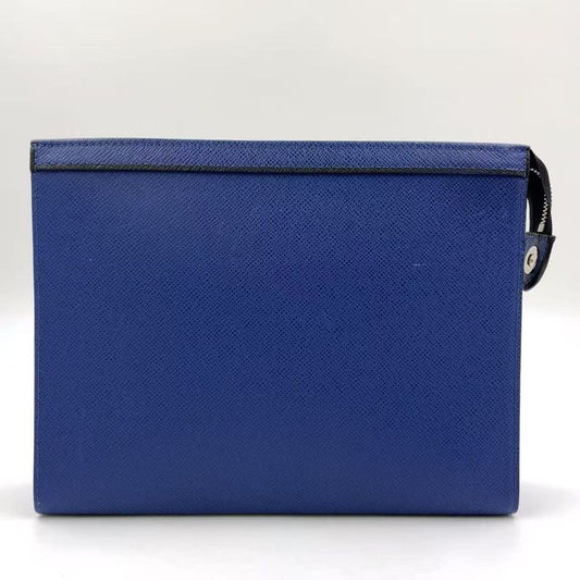Louis Vuitton Pochette Voyage MM Taiga Second Bag Leather Blue Clutch Bag