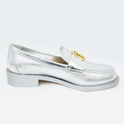 Chanel CC Logo Leather Loafers - G45663 Silver - Gold Hardware 37 1 2C