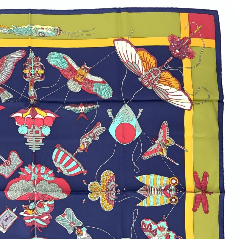 Hermes Carree 90 Soies Volantes Big Sky Silk Scarf 100% Silk Navy Khaki And