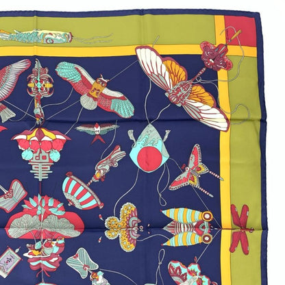 Hermes Carree 90 Soies Volantes Big Sky Silk Scarf 100% Silk Navy Khaki And