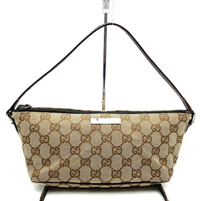 Gucci 07198 Handbag Accessory Pouch GG Canvas Leather Brown Beige Women