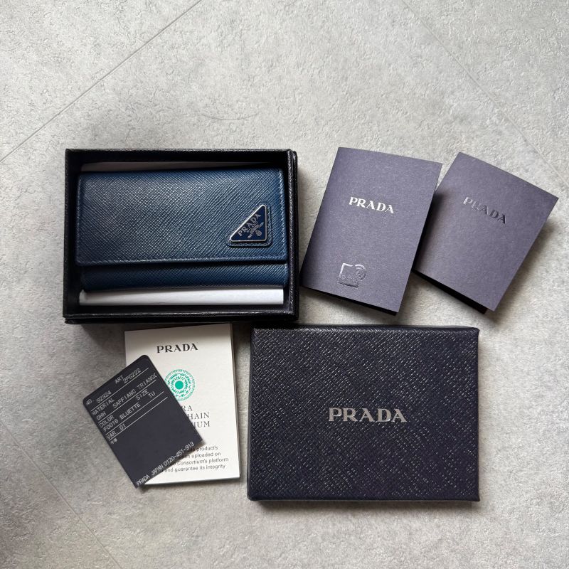 Prada Triangle 6 Continuous Key Case Saffiano Leather Rfid Navy Triangle Logo