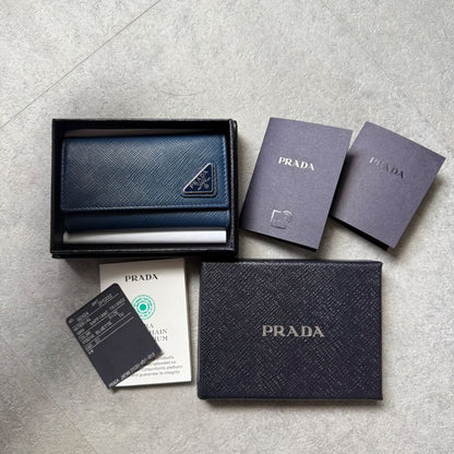 Prada Triangle 6 Continuous Key Case Saffiano Leather Rfid Navy Triangle Logo