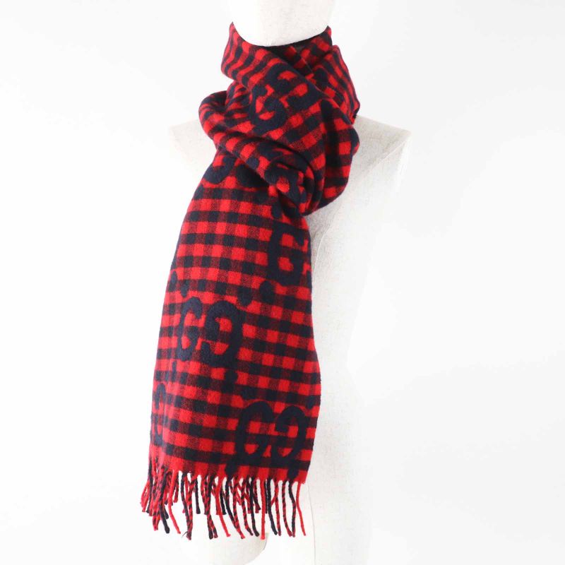 Gucci 644365 Wool Jumbo GG Checked Jacquard Scarf With Fringe Red Black 240 X