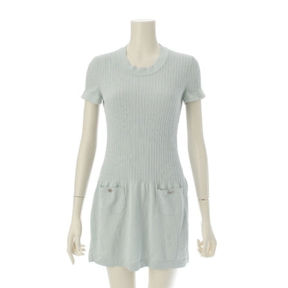 CHANEL Cotton Coco Rib Knit Dress Short Sleeve Mini Dress Light Blue 38