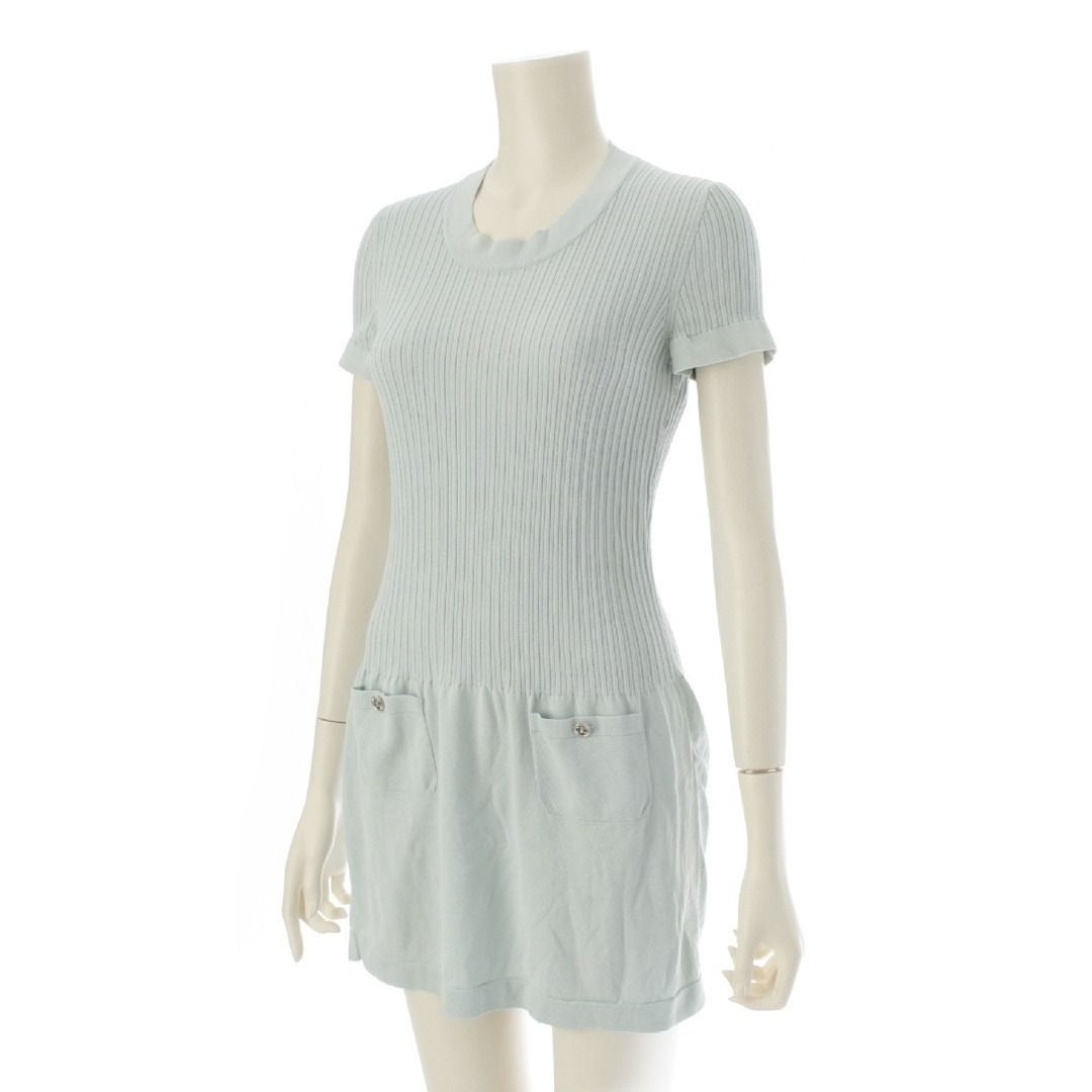 CHANEL Cotton Coco Rib Knit Dress Short Sleeve Mini Dress Light Blue 38