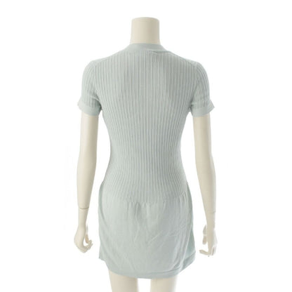 CHANEL Cotton Coco Rib Knit Dress Short Sleeve Mini Dress Light Blue 38