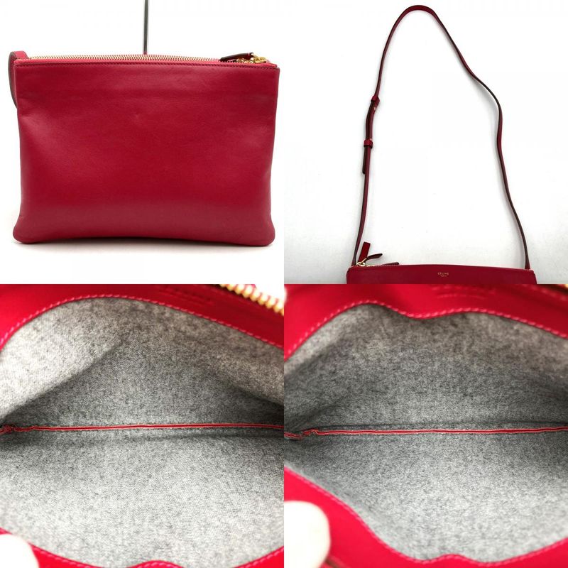 Celine Trio Shoulder Bag 0154 Crossbody Shoulder Dark Pink Red Leather Women's