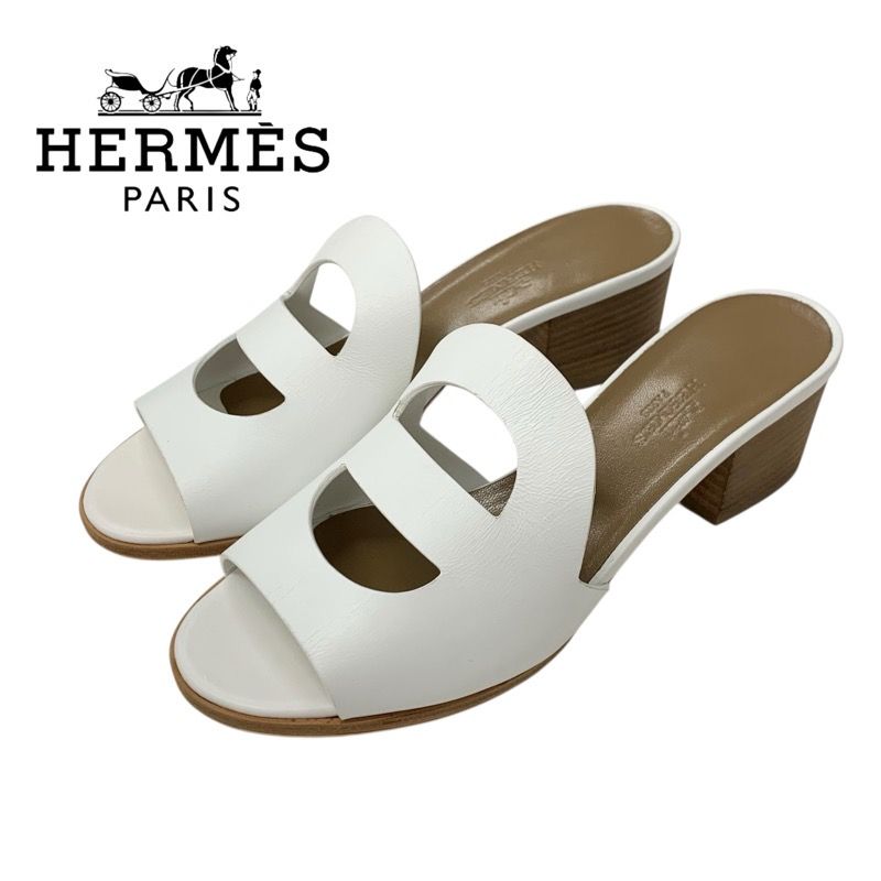 Hermes Mona Sandals Shoes Leather White Mules