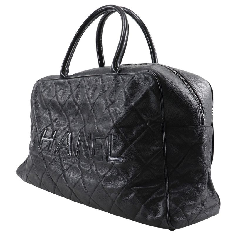Chanel Matelasse Logo Caviar Skin And Enamel Black Women's Boston Bag