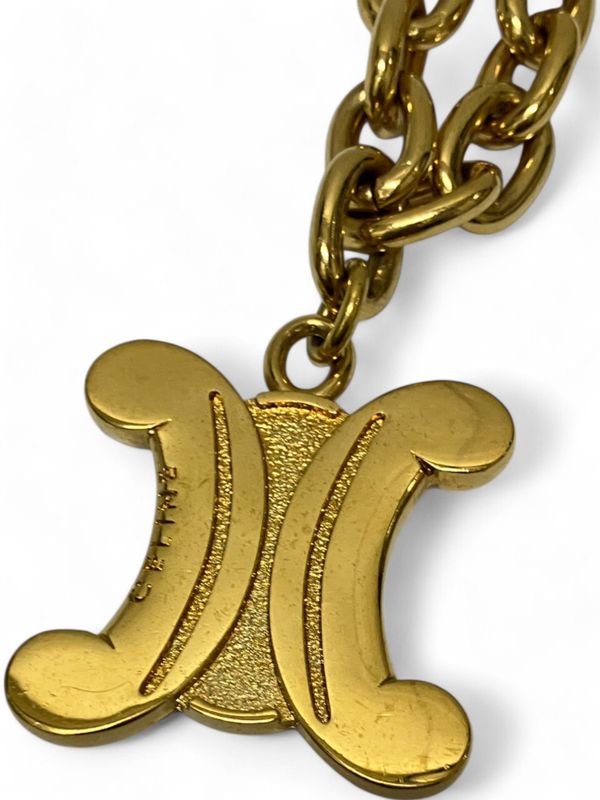 Celine Vintage Macadam Plate Chain Necklace Unisex Gold -