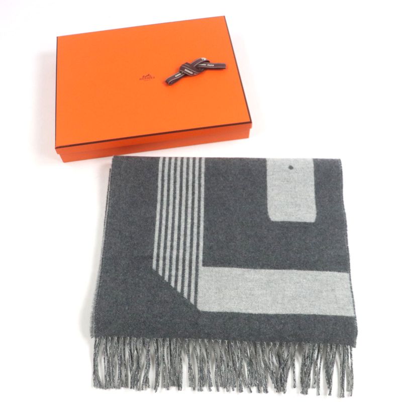  Hermes Sangre À Bucle 100% Cashmere Anthogracito Gris Cles Fringed Scarf With