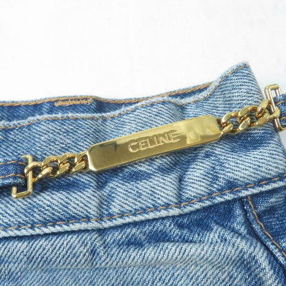 Celine S195 571Q 08YC Cotton Washed Denim Skirt With Logo Plate Chain Indigo 28