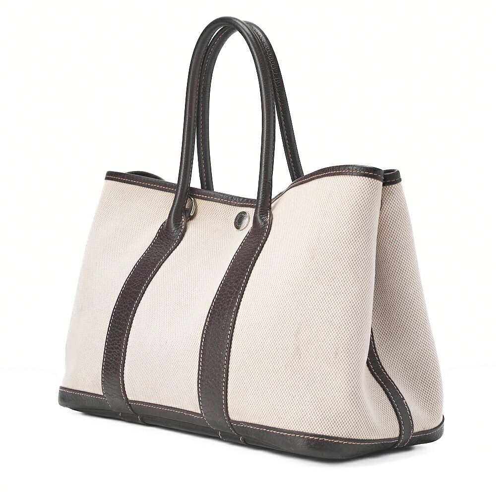 Hermes Garden Party TPM Handbag Toile Ash Ivory X Brown Silver Hardware Ladies