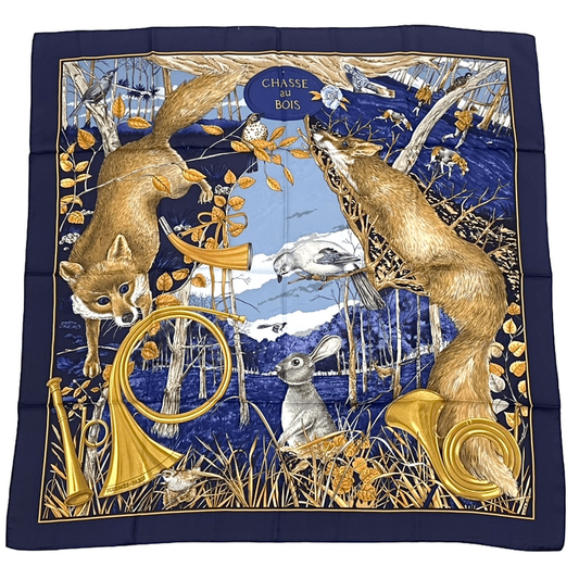 Hermes Carre 90 Chasse Au BOIS Hunting In The Woods Blue Scarf 100% Silk