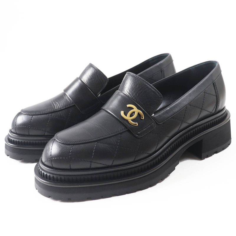 CHANEL 23A G45074 Matelasse Coco Mark Leather Loafers Black Gold Hardware 39.5