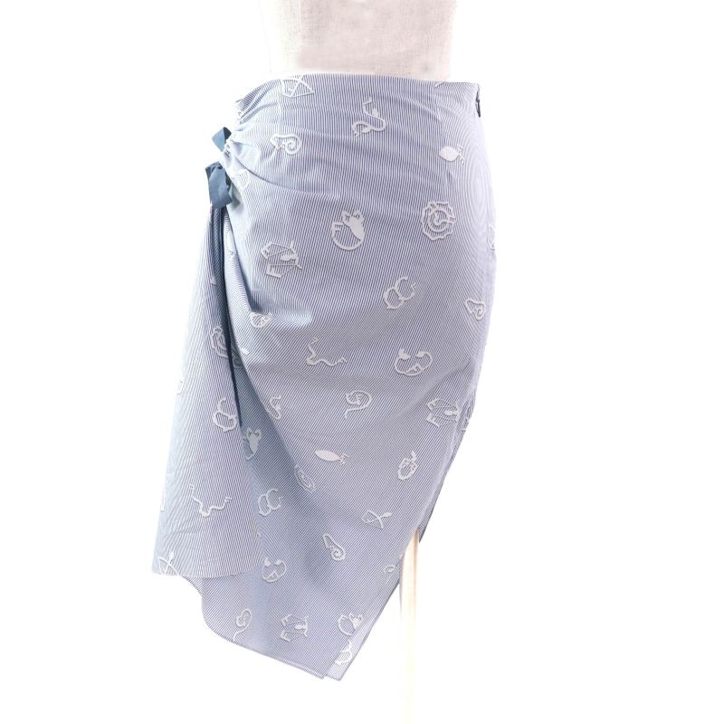 Fendi 2023 Fq7486 100% Cotton Logo Ribbon Side Slit Striped Long Skirt White