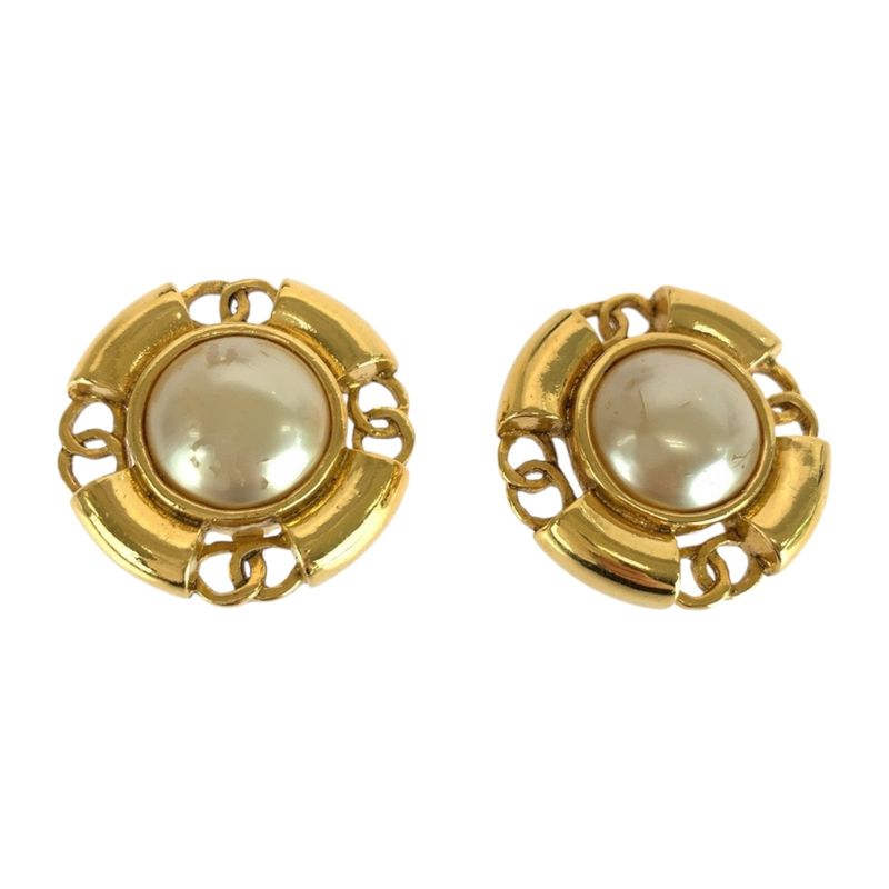 Chanel Faux Pearl Coco Mark Gold White Plated/faux Pearl Earrings 93 Engraved A